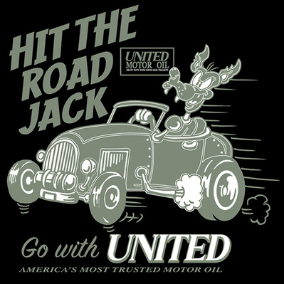 RETRO 1950'S GAS BRAND GRAPHIC WITH CARTOON CHARACTER WILDLY DRIVING A HOTROD