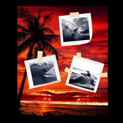 SURF PHOTOS PASTED ONTO A TROPICAL SUNSET SCENE ON A BLACK TEE SHIRT