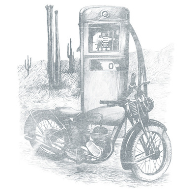 PENCIL DRAWING VINTAGE MOTORCYCLE IN DESERT BY OLD PETROL PUMP TEE DESIGN