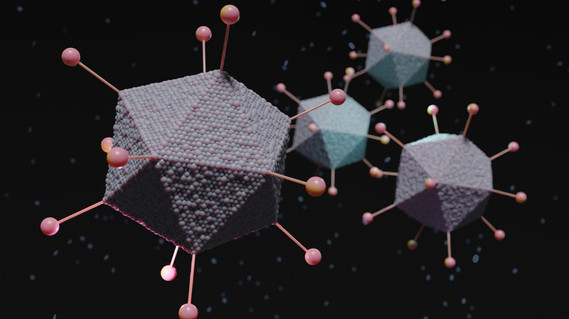 Multiple viral particles floating in a black background 