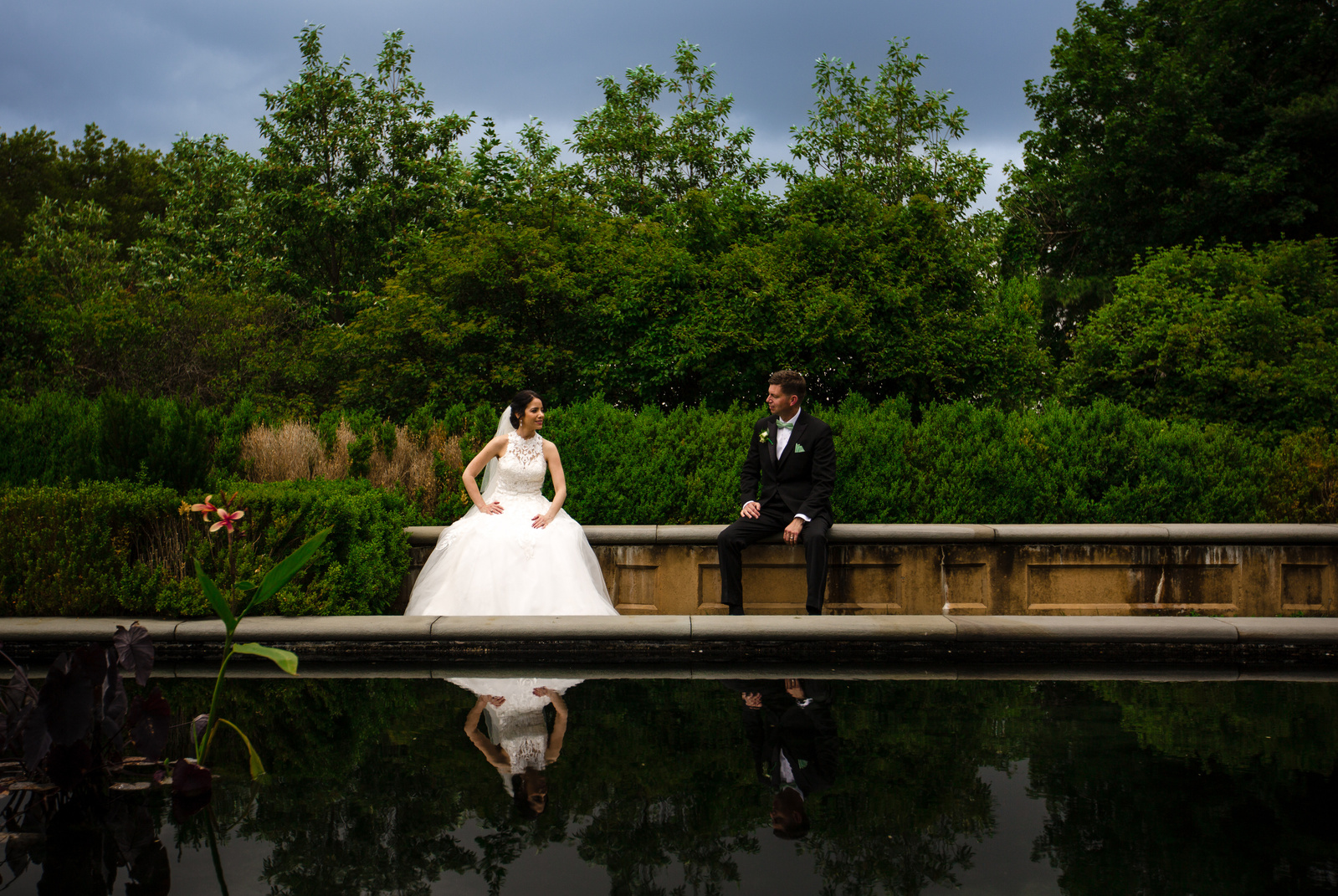 Just Married Wedding Couple smile at Snug Harbor, Staten Island