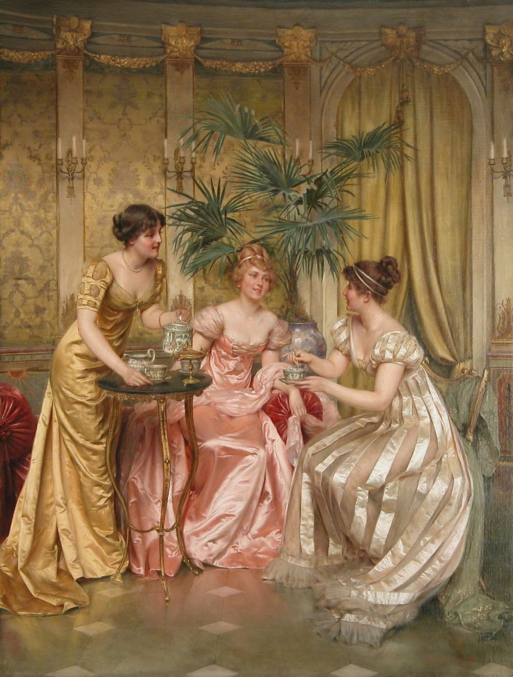 A painting of three women in elegant dresses having tea.