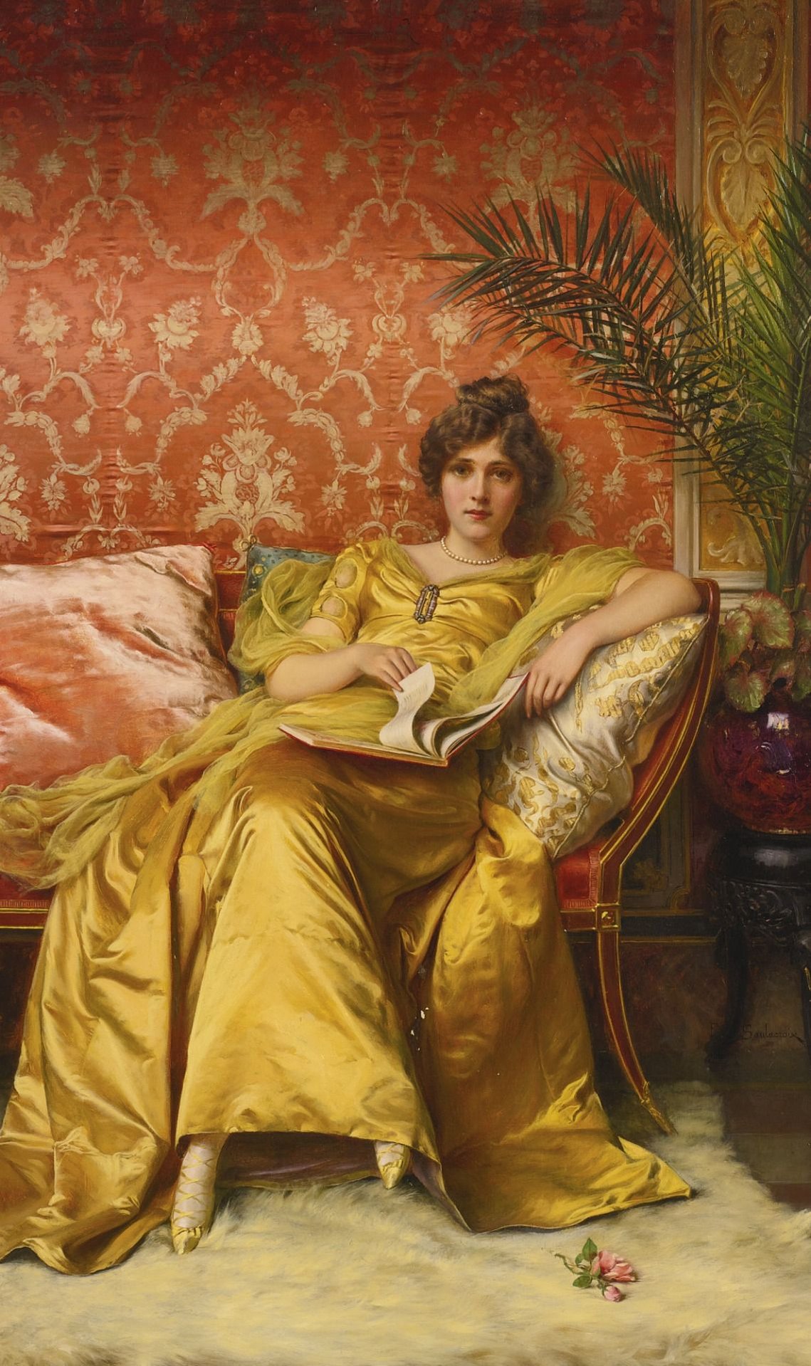 A painting of a lavishly dressed woman reclining on a couch, reading a book.