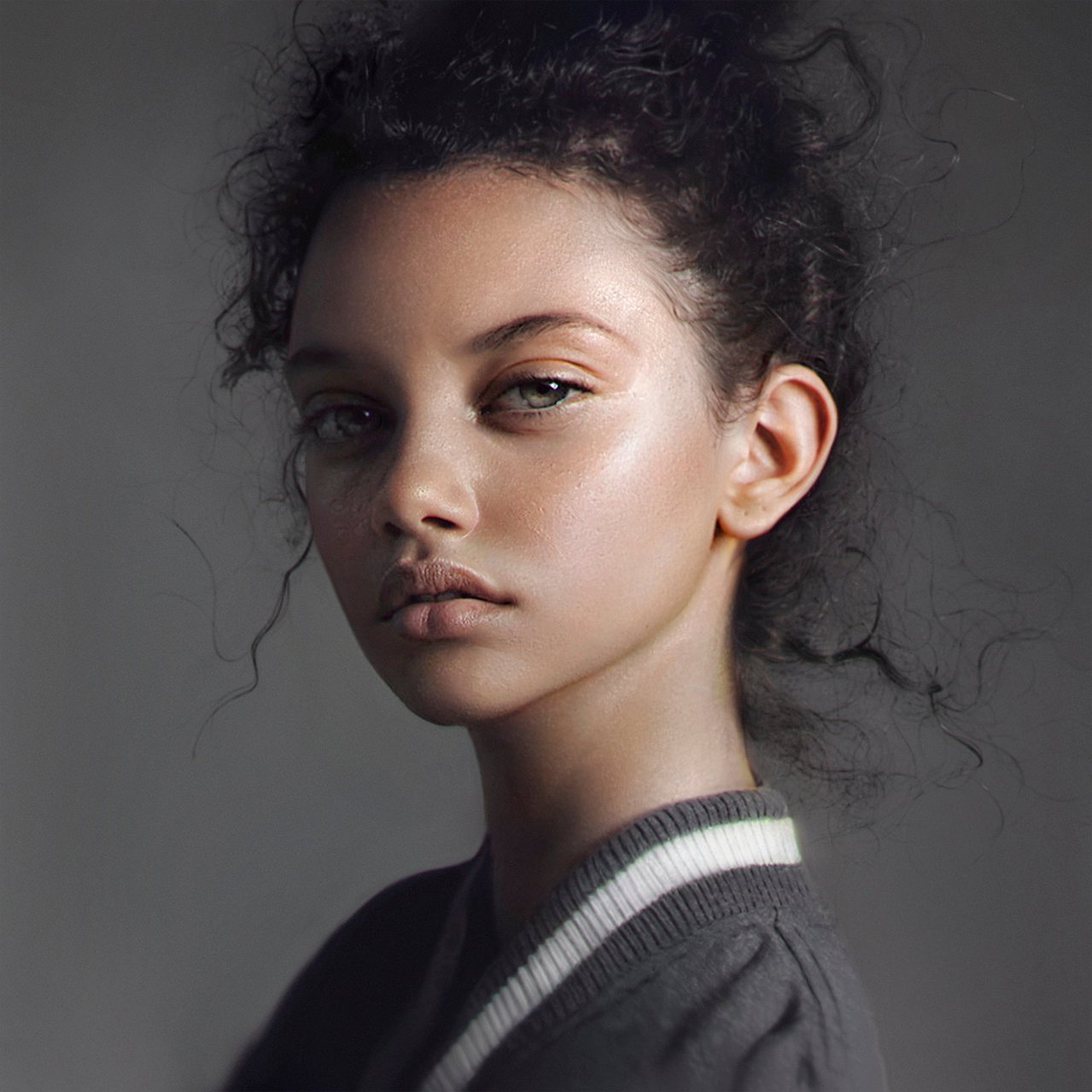 Portrait of a young woman with dark hair and green eyes. 