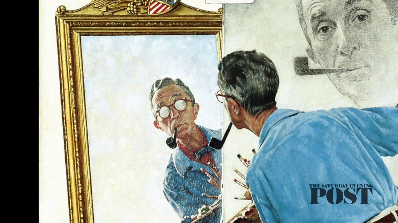 A close-up view of Norman Rockwell's "Triple Self-Portrait"