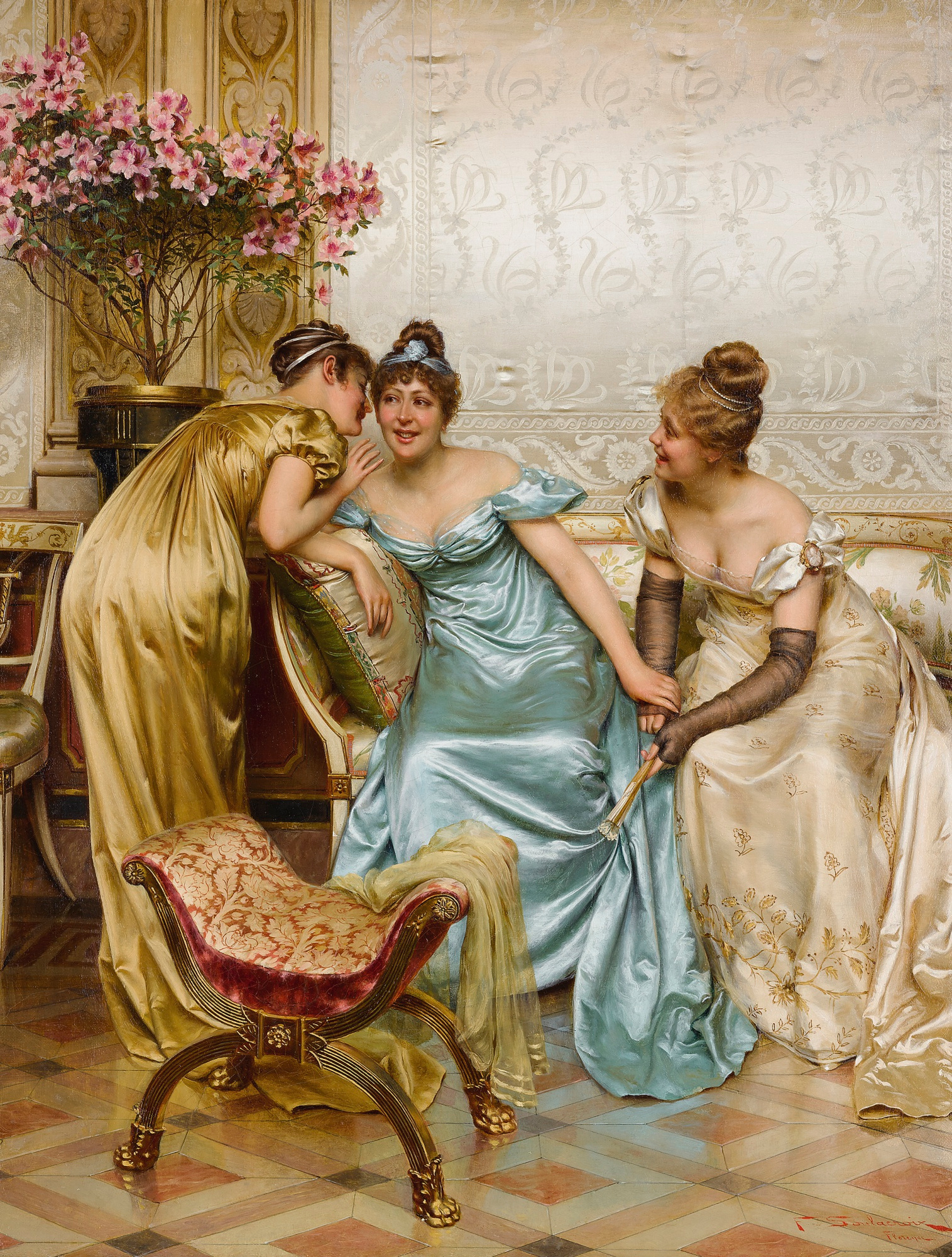 A painting of three elegantly dressed women sharing a bit of gossip.