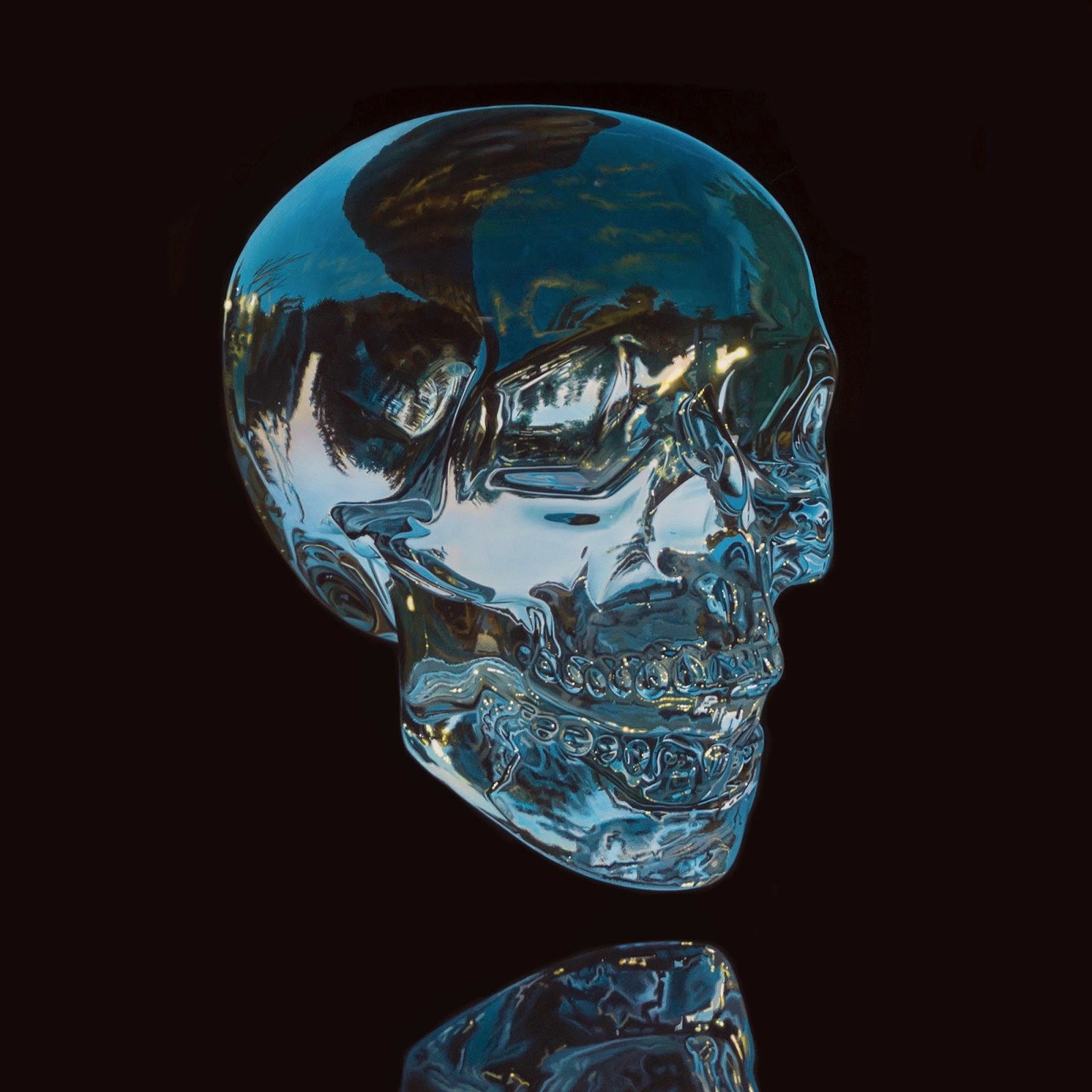 A photorealistic acrylic painting of a crystal skull.