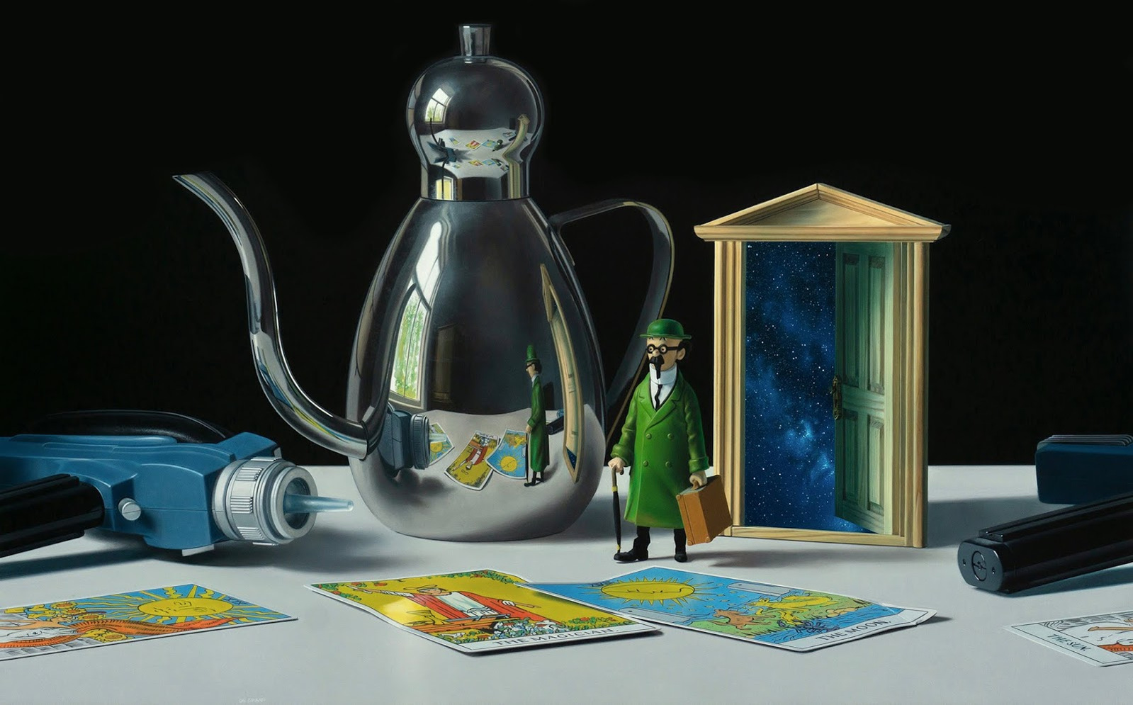 A photorealistic painting of a table set with teapot and tarot cards.
