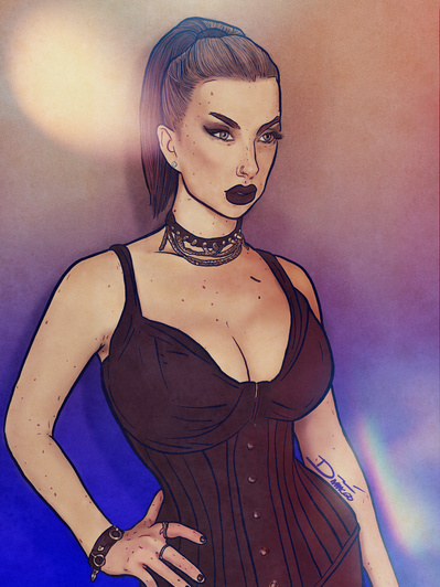 Portrait of a young woman in a corset with black lipstick.