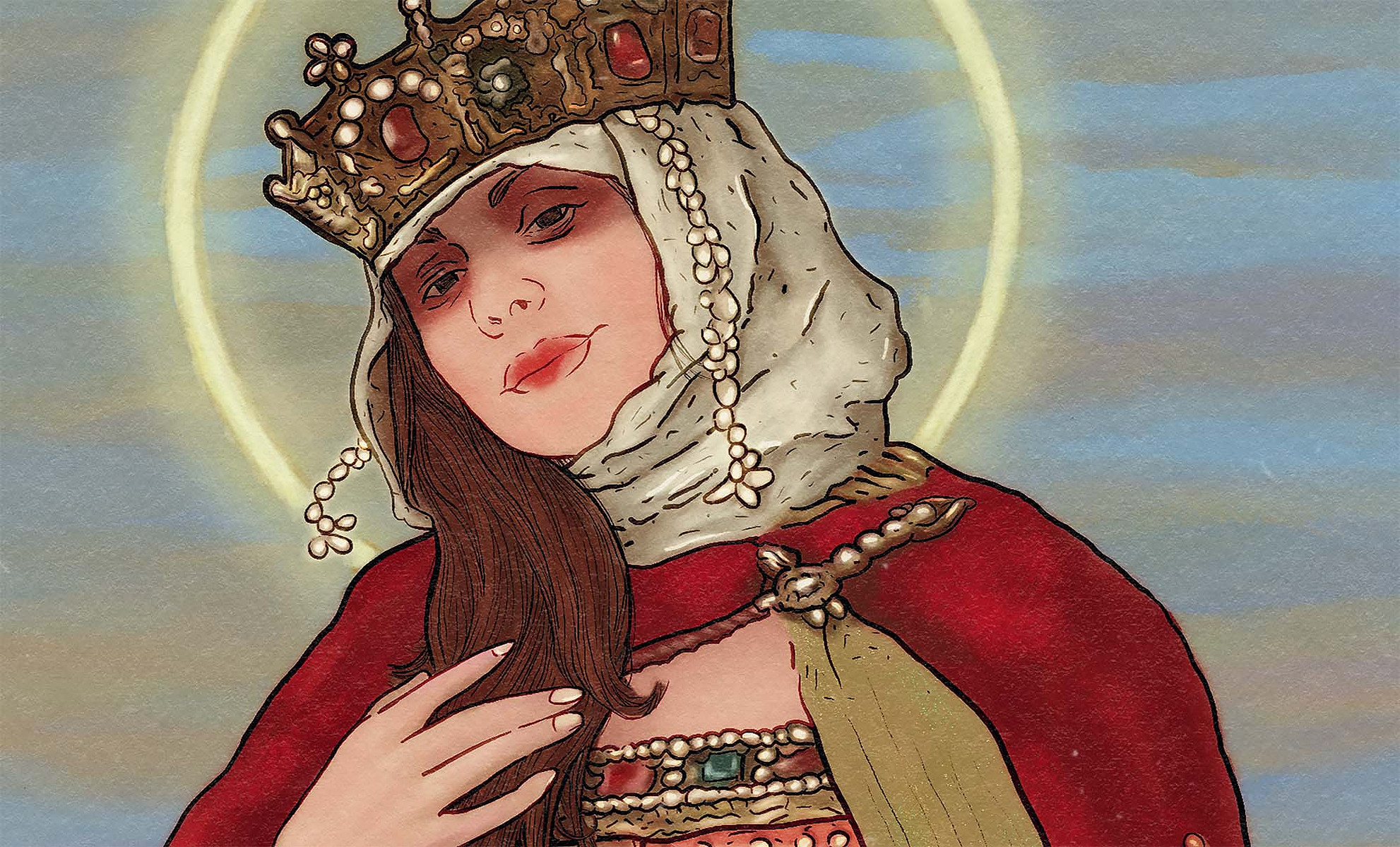 A close-up section of the Saint Sonya of Tuscany portrait.