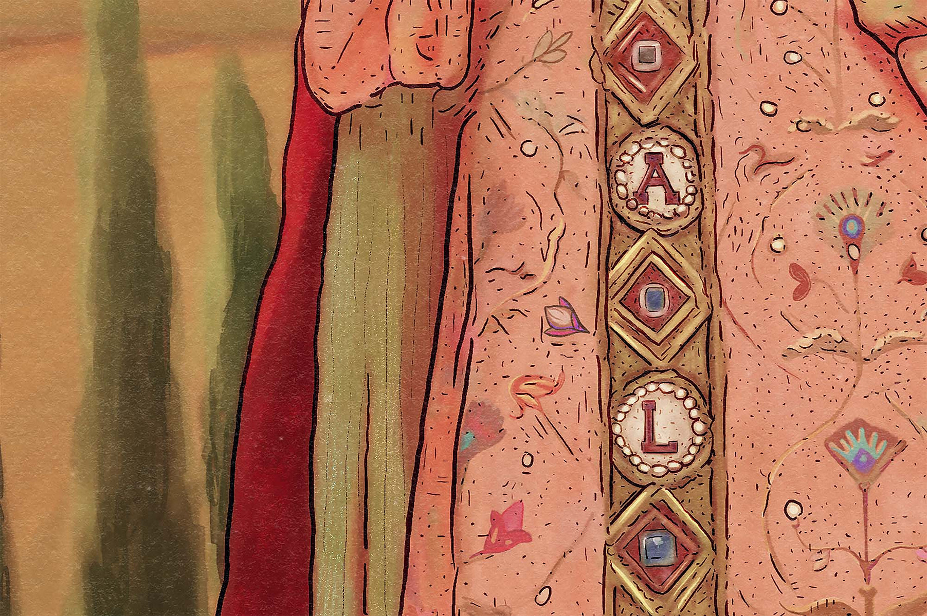 A close-up of the initials embroidered on Saint Sonya of Tuscany robe.