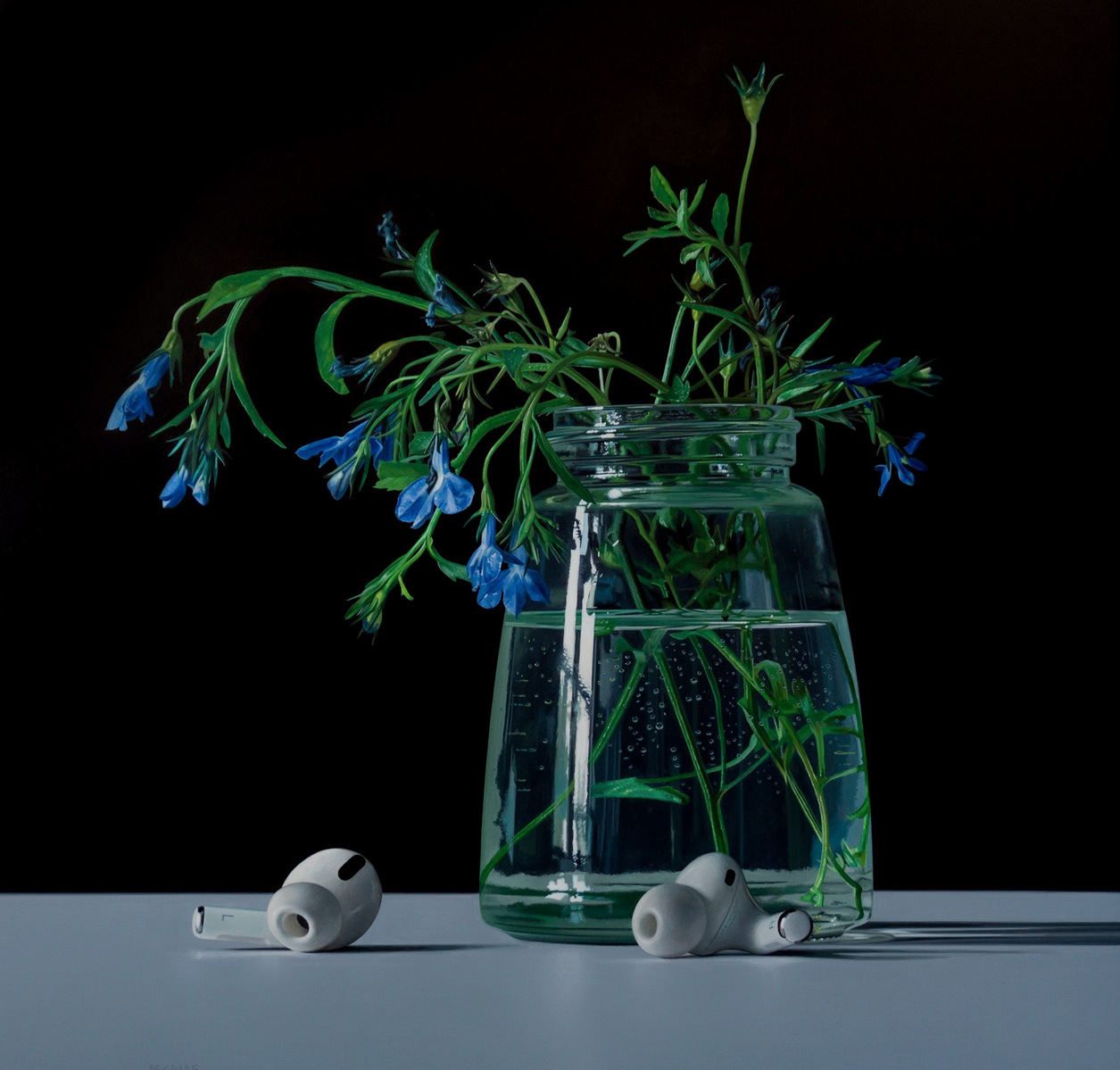 A hyper-photorealistic portrait of flowers in a clear vase with earbuds on a table. 