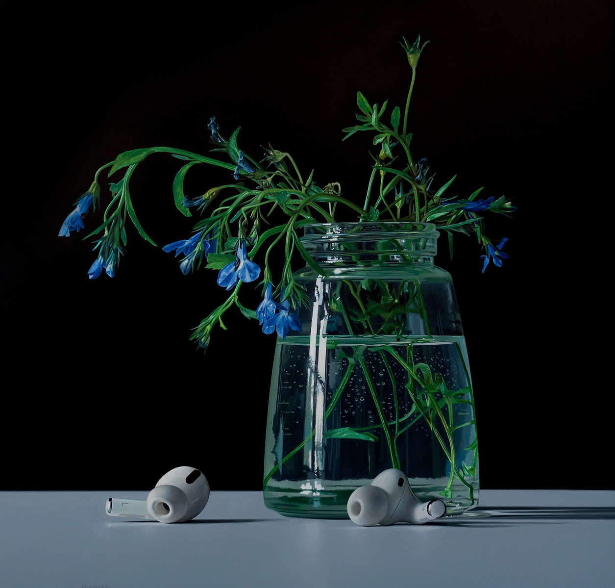 A hyper-photorealistic portrait of flowers in a clear vase with earbuds on a table. 