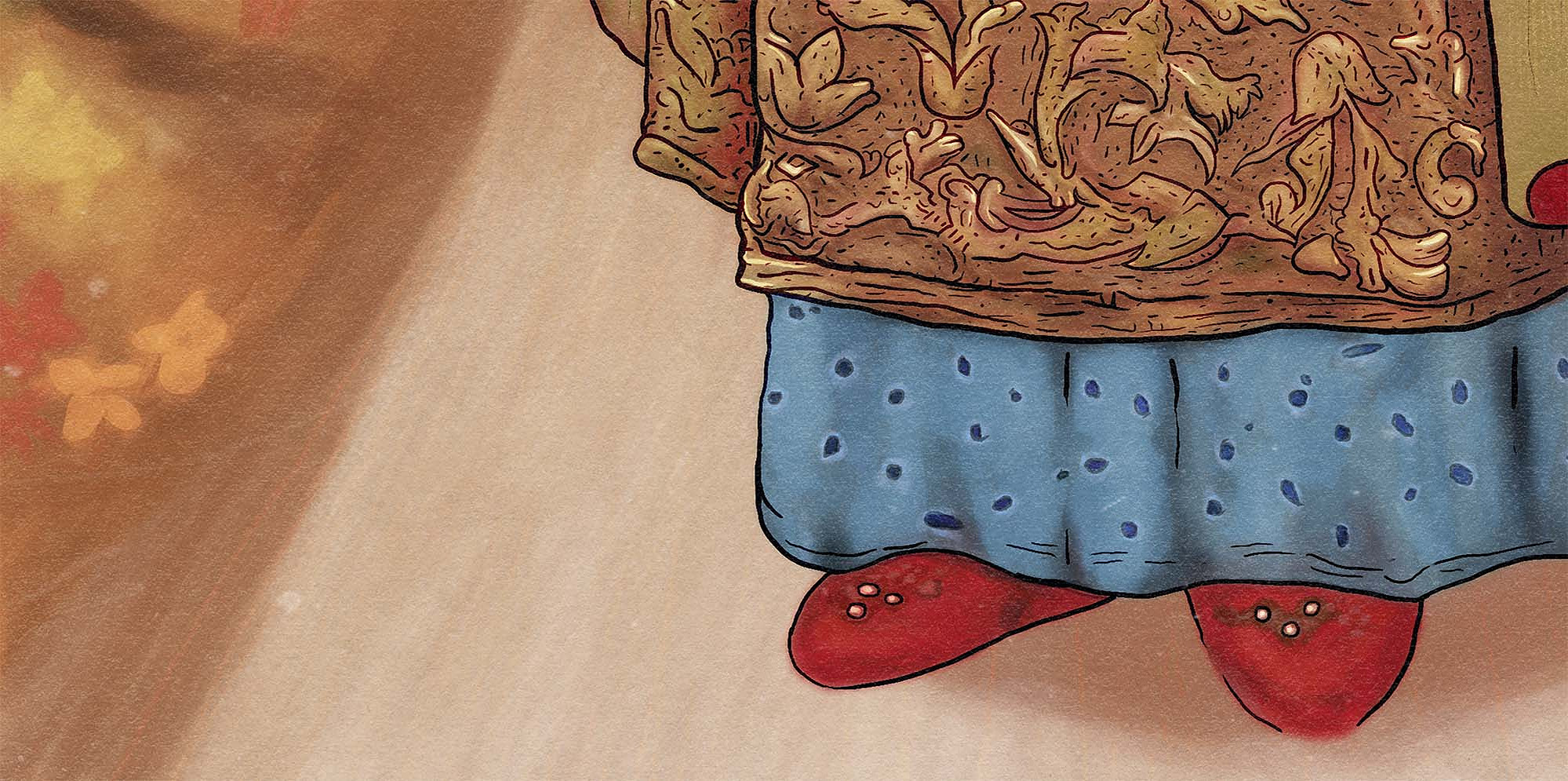A close-up of Saint Sonya of Tuscany's blue dress and red shoes.