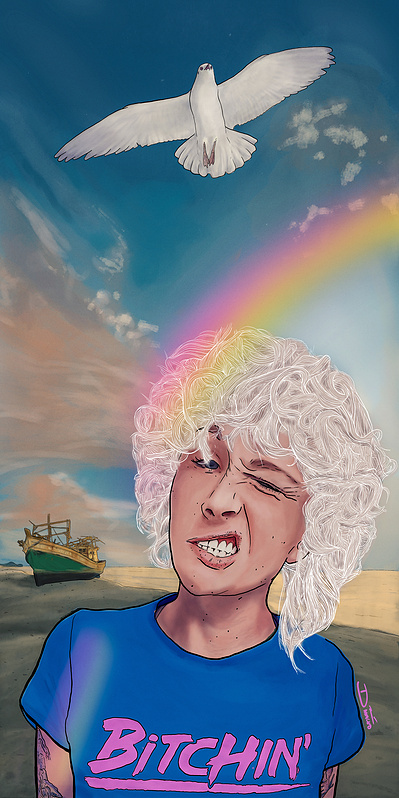 Portrait of young lady shipwrecked on an island.