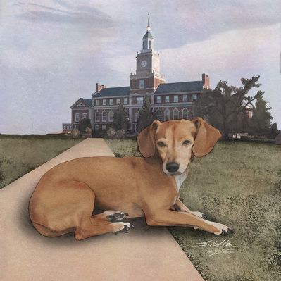 A portrait of a dog sitting in front of Howard University.