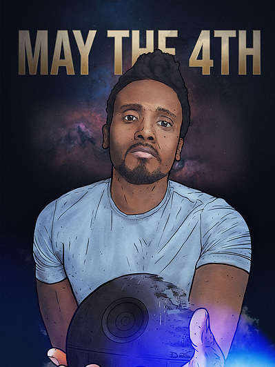 A self-portrait of Dremaceo Giles in front of the words "May the Fourth" while holding a Death Star.