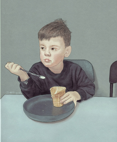 Portrait of a young boy eating ice cream from a cone with a spoon.