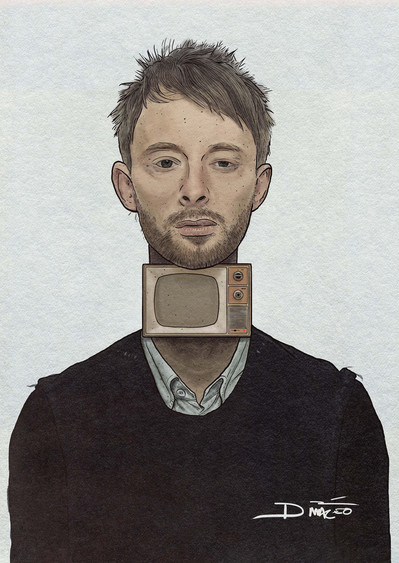 Portrait of Thom Yorke from Radiohead with a TV for a neck.