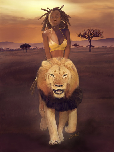 Portrait of a young woman riding a fierce lion under a Sahara's sunset.
