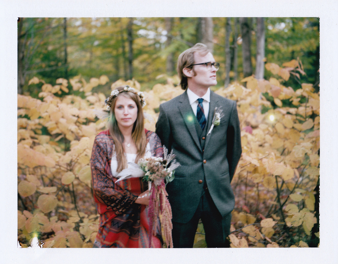 autumn bride and groom film Polaroid portrait in northern Vermont