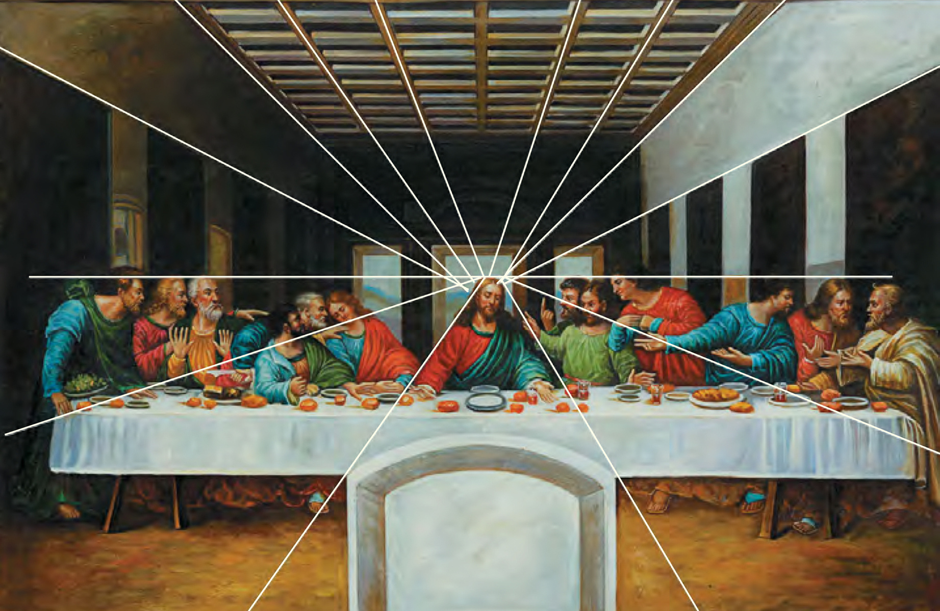  orthogonal perspective lines in Last Supper painting by Leonardo da Vinci, with lines overlaid on a reconstruction of how the Last Supper originally looked