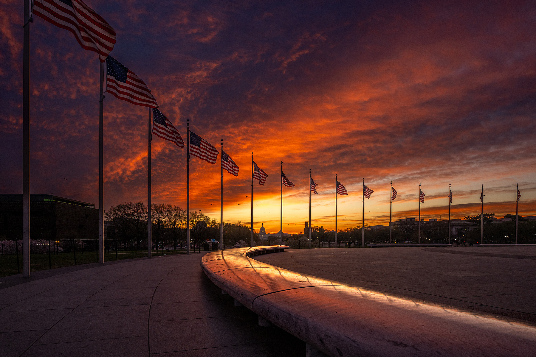 Sunrise view of U.S. Flags circling base of Washington Monument, showing curved bench leading viewer's eye into the center of the frame
