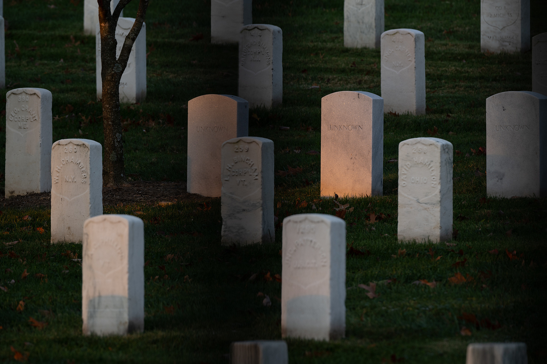 uncropped version of group of tombstones on a hillside at Arlington National Cemetery with one tombstone, engraved with the single word "unknown," lit by early morning sun