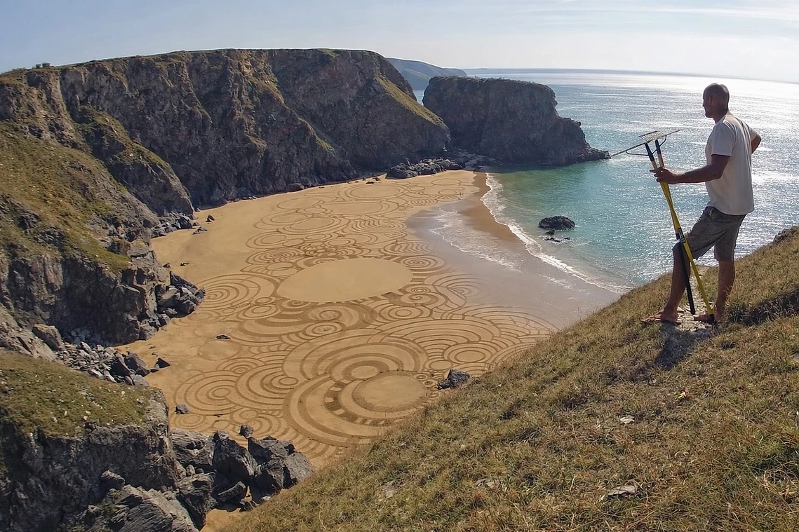 Tony Plant, Cornwall sculptor, overlooking a large-scale tidal drawing at Bedruthan Steps, a temporary sculpture made within a single tidal cycle.