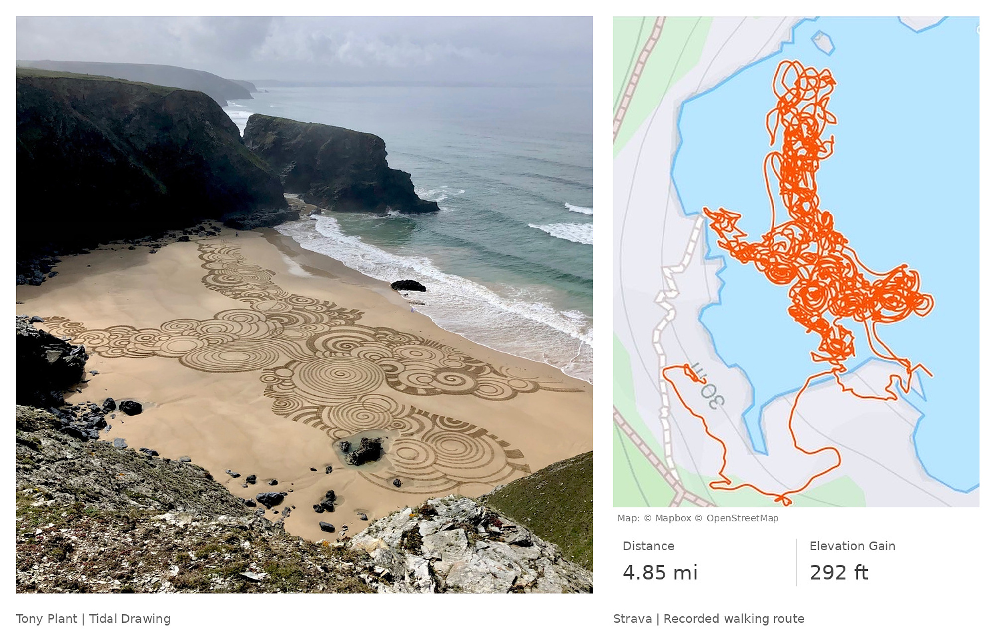 Strava route map recording contemporary artist Tony Plant’s walking path while making a tidal drawing on a Cornish beach, tracing the relationship between movement, line and landscape.