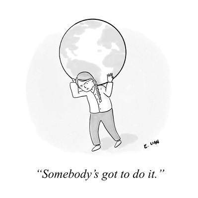 Cartoon in the September 24, 2019 issue of The New Yorker, by Evan Lian. Republished  in Vogue Korea, November 2019.