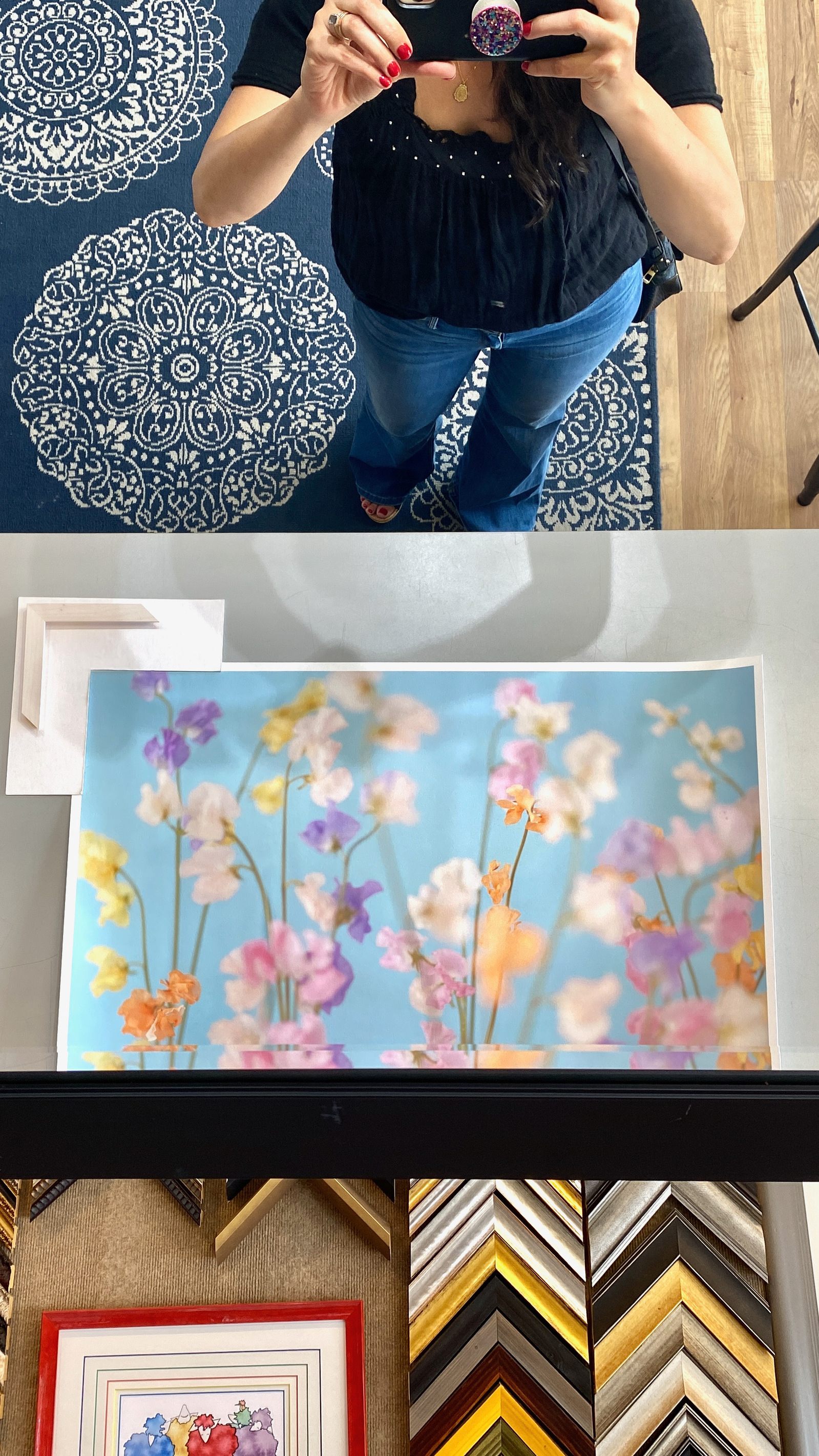 Mirror image of fine art print.  Print is of Japanese sweet peas on blue. 