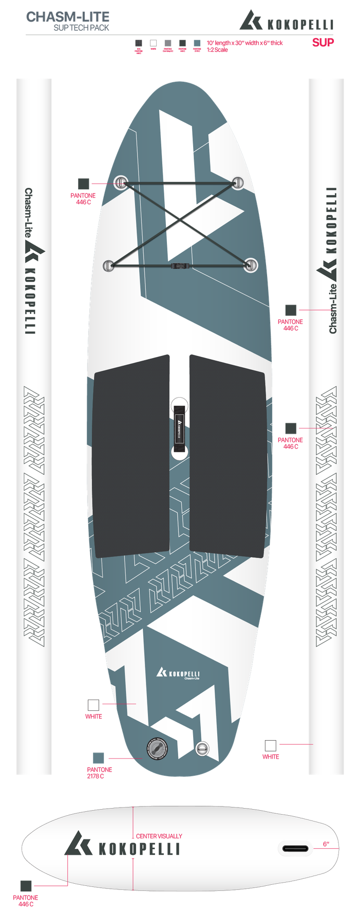 Kokopelli TPU Standup Paddleboard designed by Tim O'Connor. This paddle board has a smokey blue with the Kokopelli Logo pattern diagonally across.