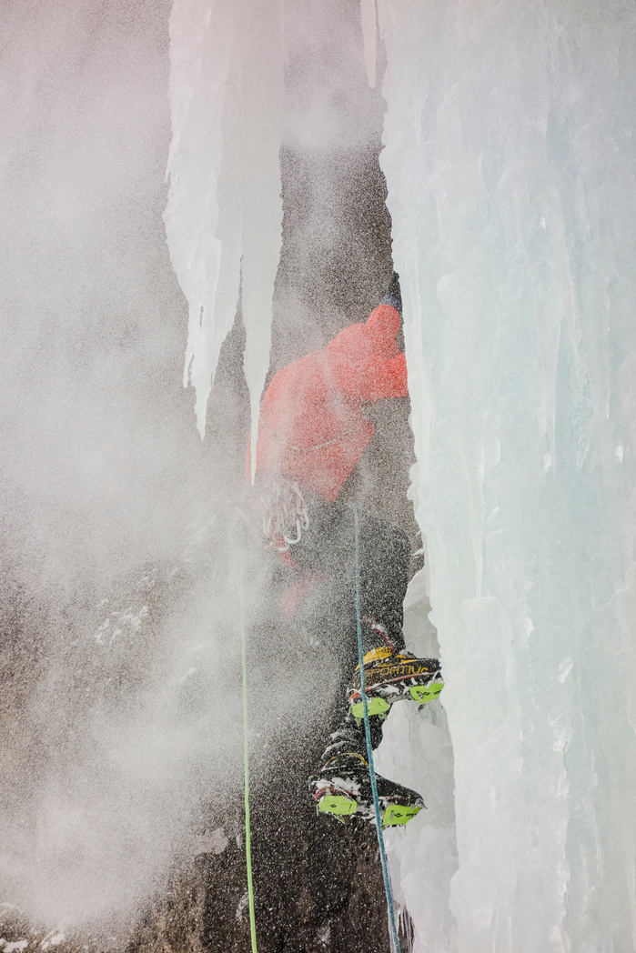 Hayden Kennedy starting the day out with a morning shower on Cleopatras Needle, Hyalite Canyon Montana