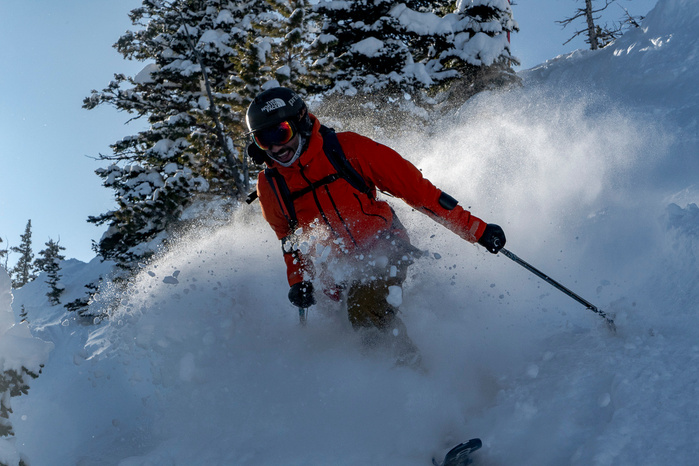 Vasu Sojitra finding late afternoon powder stashes in between work with Eagle Mount. Bridger Bowl Montana Salish Kootenai, Apsaalooke and Cheyenne ancestral lands.