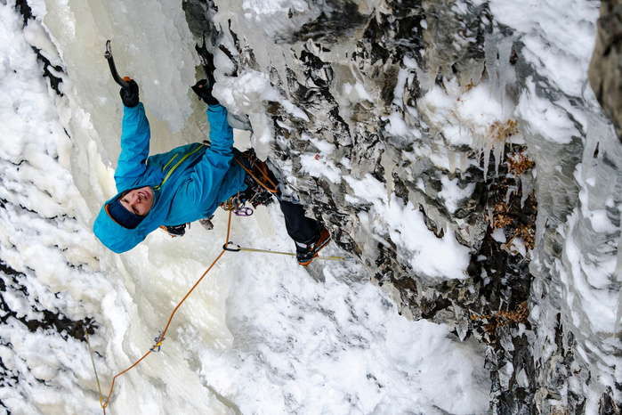 Sam Hennessy nabbing an ascent of a rarely formed "Pura Vida" in Hyalite Canyon Montana WI6