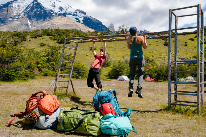 A January expedition into Torres del Paine, Chile with Anne Gilbert Chase, Kate Rutherford and Brittany Griffth. We spent 15 nights at Japanese Camp below the Valley of Silence. Here, Kate and Anne Gilbert get a quick pull up workout in before carrying an