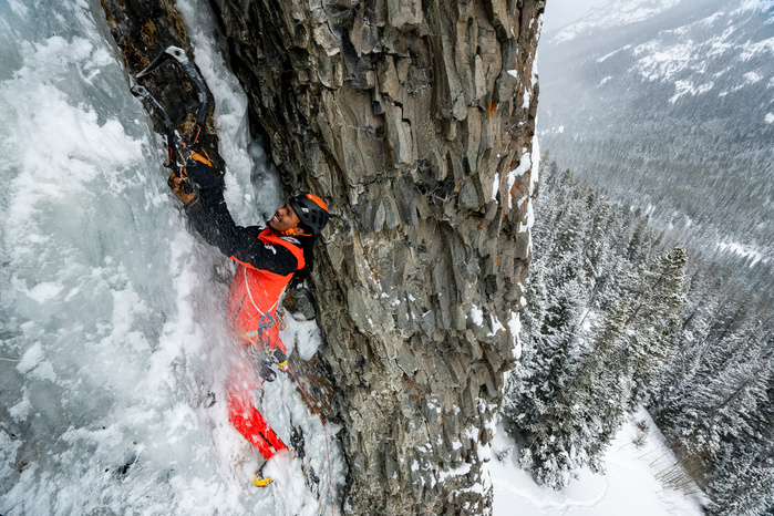 Ice climbing in Hyalite Canyon Montana with locals Conrad Anker and Manoah Ainuu. In the last 10 day period winter has brought over 6 ft of new snow to the mountains in the area. Manoah and Conrad get out to ice climb and "feed the rat"