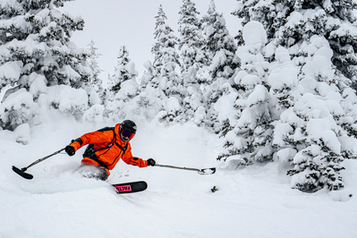 Vasu Sojitra skiing at Bridger Bowl in powder. 