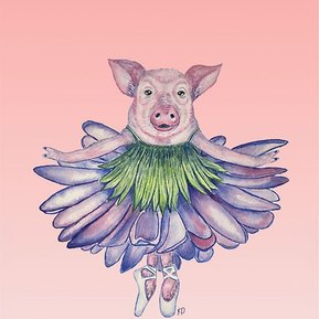 A whimsical painting of a pig wearing a flower dress and dancing in the air. 