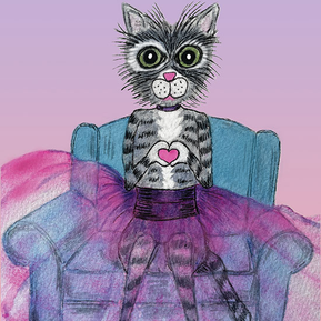 A whimsical painting of a grey and white cat wearying a pink skirt and sitting in a chair. The cat is holding a heart. 