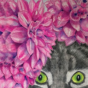 A whimsical painting of a cat peeking through some beautiful pink flowers. The cat has big green eyes. 