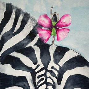 A whimsical painting of a fairy sitting atop a black and white zebra with beautiful magenta wings. 