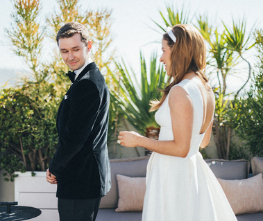 Capture the magic of a bride and groom's first look at The Shay Hotel in Culver City, CA. Stunning moments, beautifully photographed by Abigail Gorden Photography.