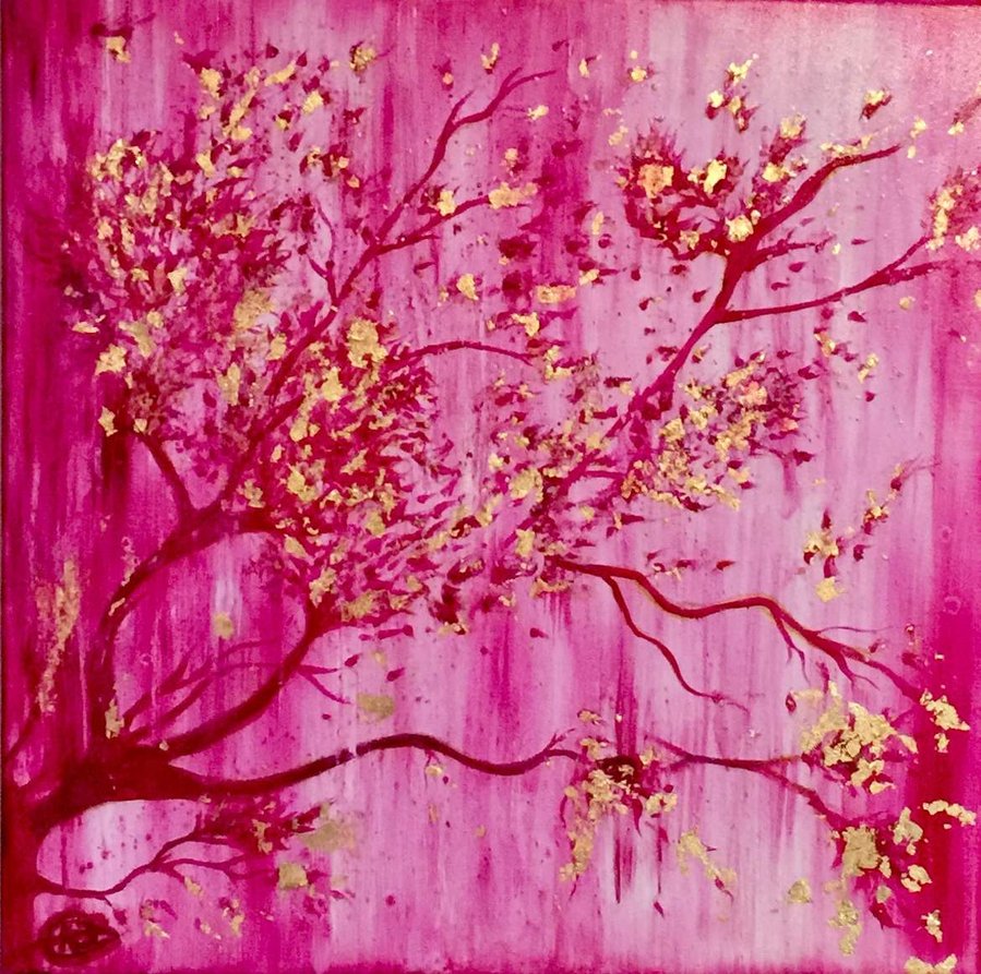 magenta, blossom, oil paint, 24ct gold leaf, canvas, canvas art, canvas painting, wall art, home décor, unique, original, artist, artwork, contemporary art, original art, emerging artist, Eleni NeoBenyon, NeosDesigns-Art Ltd