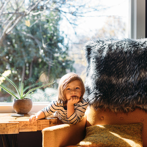 Boy sits in sunny window 