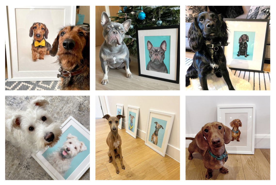 A selection of happy customers / dogs posing  with their famed Woof Photography portraits. London dog photographer. 