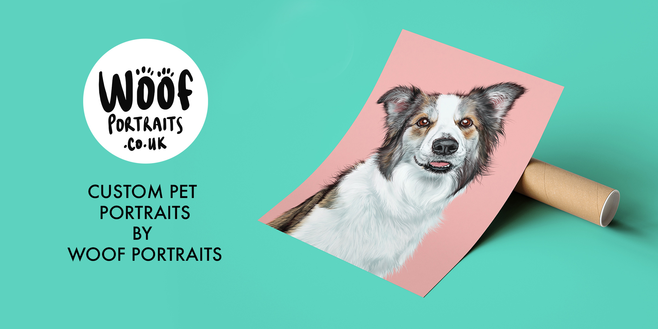 Woof Portraits fine art giclée print of sheepdog Boarder Collie.  Original reference image by The London Dog Photographer aka Woof Photography. 