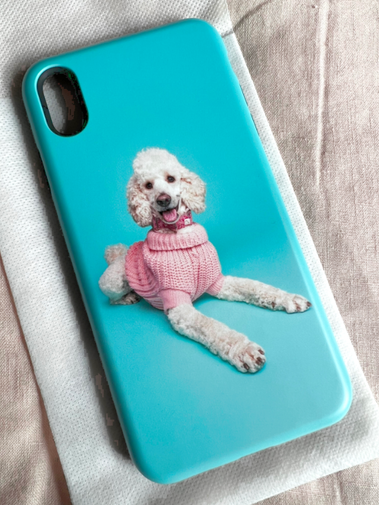 Protective tough phone case featuring custom image by woof photography.  White standard poodle wearing a pink jumper on blue backdrop. 