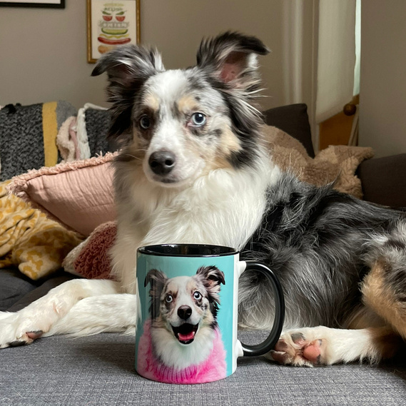 Australian shepherd collie sheep dog posing with a custom woof photography mug.  London dog photographer products. 